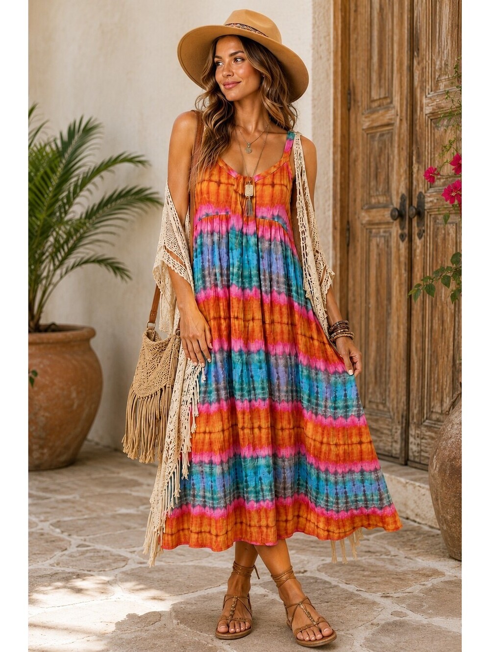 Ellavie Silk Ikat Tie Dye Babydoll Midi Dress 10 Festival Whimsigoth Y2K Style